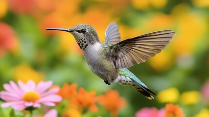 Naklejka premium A hummingbird hovering near a vibrant garden of blooming flowers