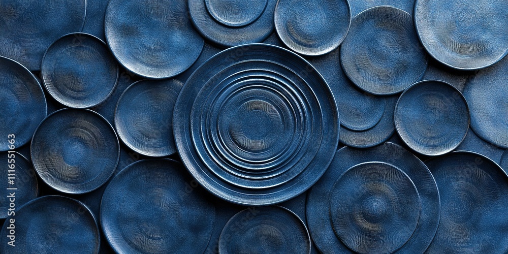 Poster ceramic plates arranged in a circular pattern showcasing varying shades of blue in an artistic displ