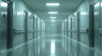 Fototapeta premium Dimly lit hospital corridor creates an eerie atmosphere with fog and closed doors
