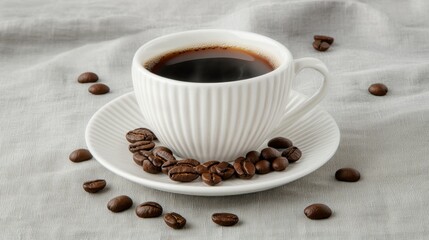 Fototapeta premium Freshly Brewed Coffee in White Cup on Saucer with Coffee Beans