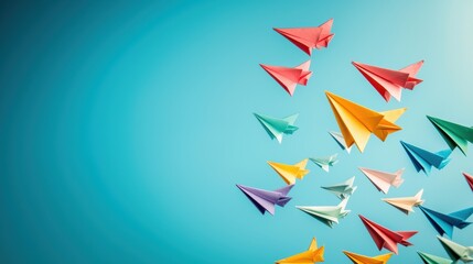 A flock of colorful paper airplanes soaring through a bright blue sky, arranged in a perfect V formation, symbolizing teamwork, leadership, and shared goals.