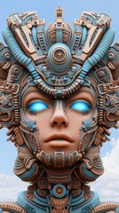 Fototapeta premium Futuristic cybernetic face with intricate mechanical details and glowing blue eyes, AI