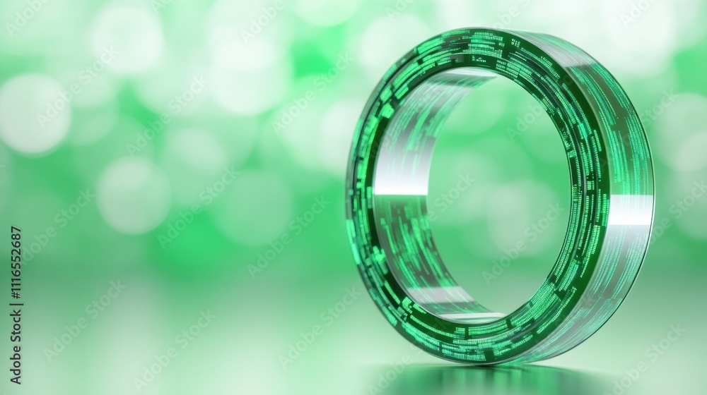 Poster futuristic green digital ring with binary code on a blurred background, ai
