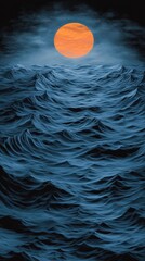 A vibrant orange moon casts a mystical glow over the dark, turbulent ocean waves, AI