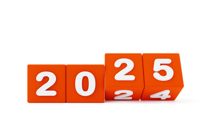 2025 NEW YEAR, HAPP NEW YEAR, 3D RENDERING OF NEW YEAR MADE WITH 3D RED CUBE AND NUMBER SHOWING TRANSLATION BETWEEN 2024 AND 2025. ISOLATED ON WHITE WITH EMPTY SPACE FOR TEXT 