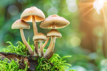 Fototapeta premium Clusters of mushrooms thrive on a decaying log, surrounded by vibrant green moss, illuminated by the soft light of the morning sun filtering through the forest.