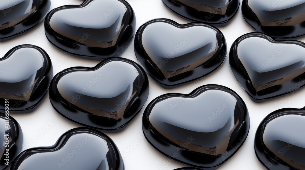 Poster shiny black heart-shaped objects arranged in a neat pattern, ai