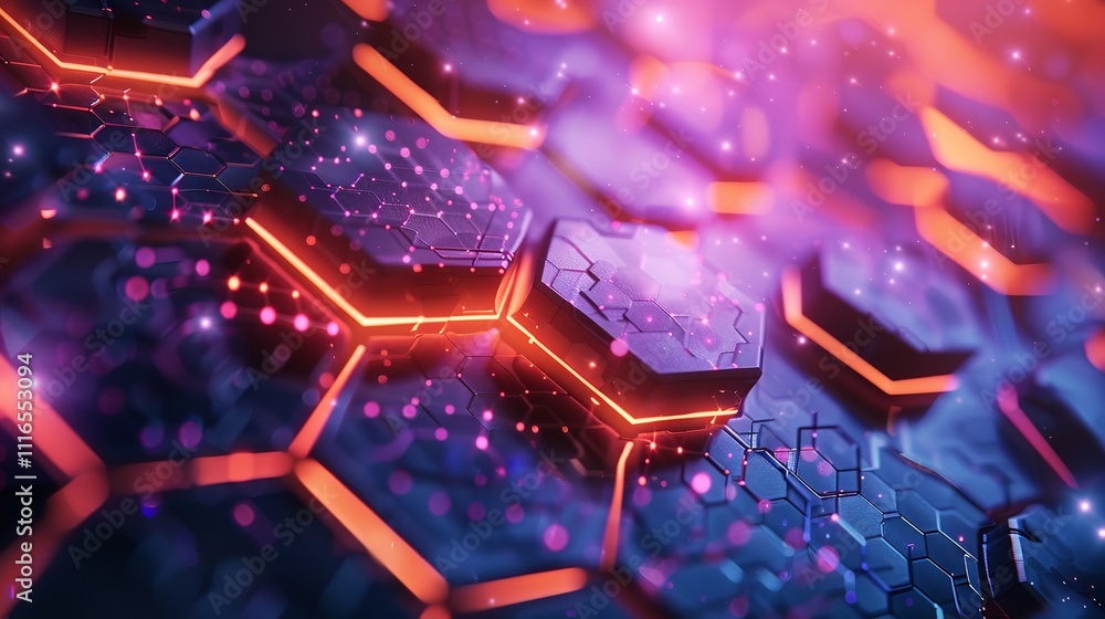 Poster futuristic background of hexagonal grid with glowing lines.