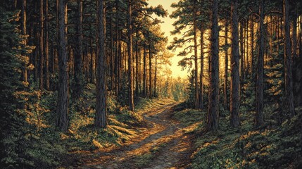 Obraz premium Serene Forest Pathway Illuminated by Golden Sunlight During Sunset, Capturing Nature's Tranquility and Beauty in a Picturesque Woodland Scene