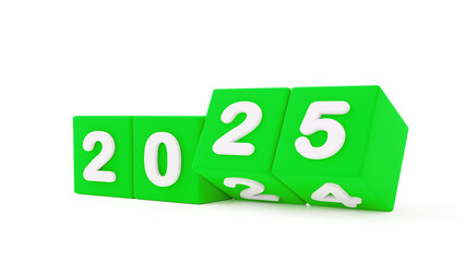 2025 NEW YEAR, HAPP NEW YEAR, 3D RENDERING OF NEW YEAR MADE WITH 3D GREEN CUBE AND NUMBER SHOWING TRANSLATION BETWEEN 2024 AND 2025. ISOLATED ON WHITE WITH EMPTY SPACE FOR TEXT 