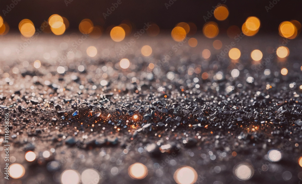 Poster Blurry image of a dark surface with many small dots. The dots are of different sizes and are scattered all over the surface
