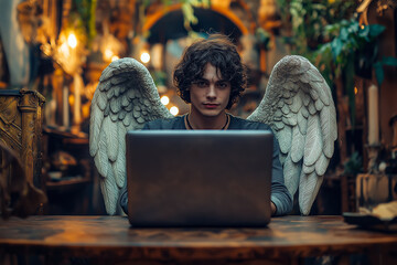 Angel sits at a desk with a modern laptop, surrounded by greenery and natural light.