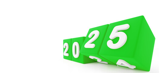 2025 NEW YEAR, HAPP NEW YEAR, 3D RENDERING OF NEW YEAR MADE WITH 3D GREEN CUBE AND NUMBER SHOWING TRANSLATION BETWEEN 2024 AND 2025. ISOLATED ON WHITE WITH EMPTY SPACE FOR TEXT 