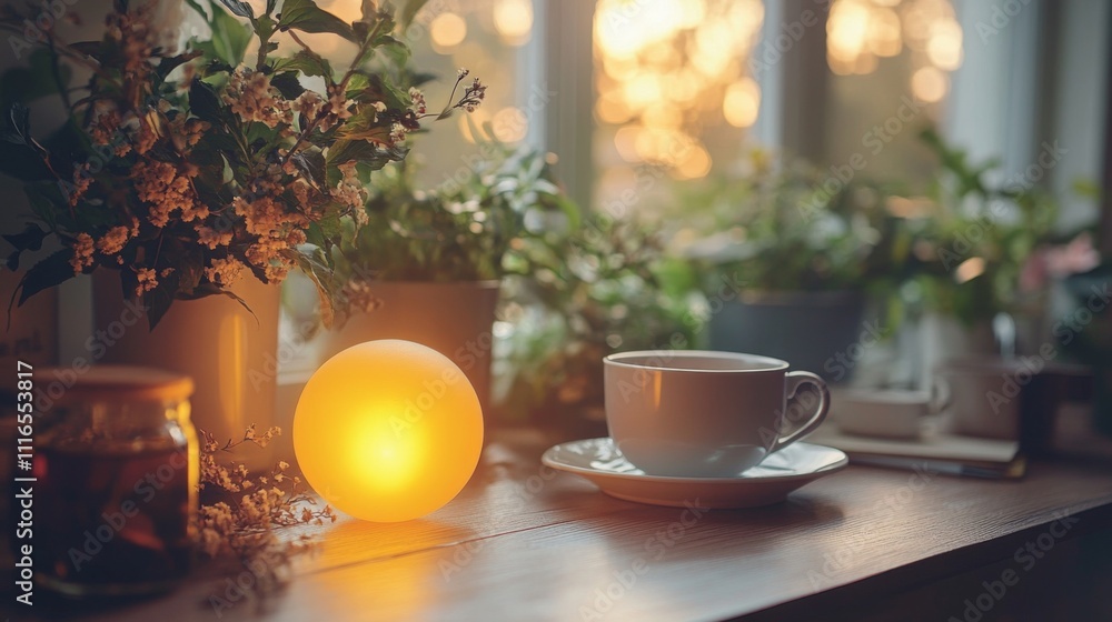 Poster a warm and inviting indoor setting features a glowing lamp beside a coffee cup on a wooden table. pl