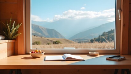 Serene Workspace with Mountain View and Natural Light