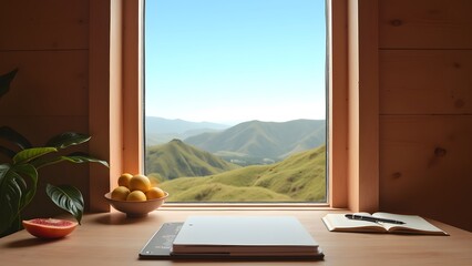 Serene Workspace with Scenic Hill View