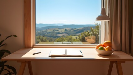 Serene Workspace with Scenic Hill View