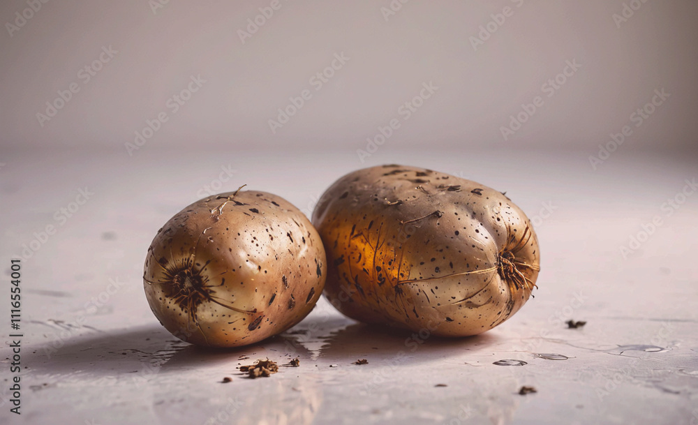 Poster two potatoes are on a table. one is larger than the other