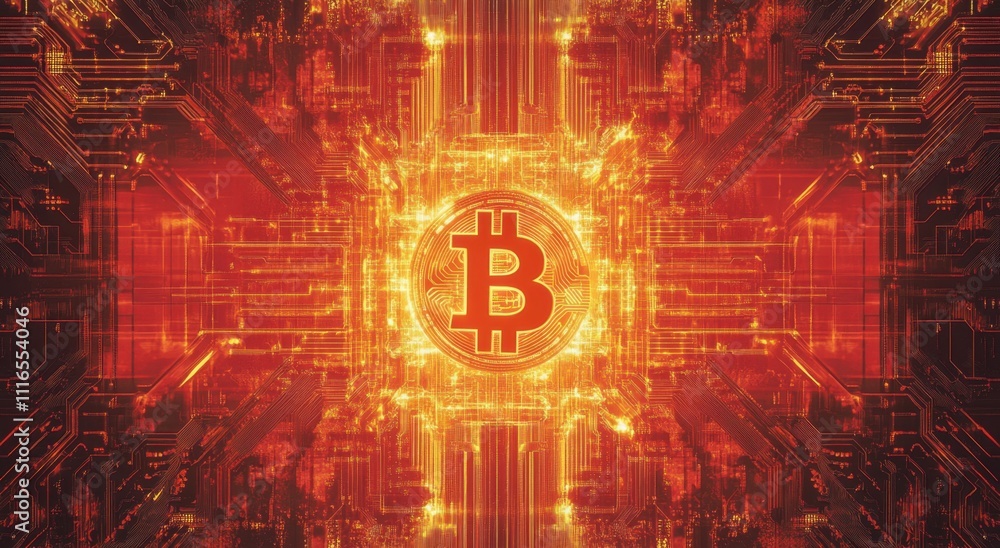 Poster a digital background depicting a circuit board with a bitcoin logo at the center generative ai