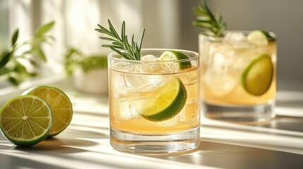 Fototapeta premium Two refreshing cocktails with lime and rosemary, set in a sunlit environment.