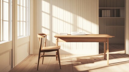 Fototapeta premium Sunlit minimalist home office with wooden desk, chair, and hardwood floors.