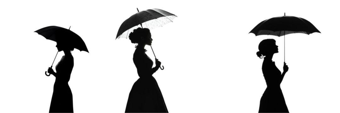 Set of a silhouette of a young woman holding an umbrella isolated on transparent background - Powered by Adobe