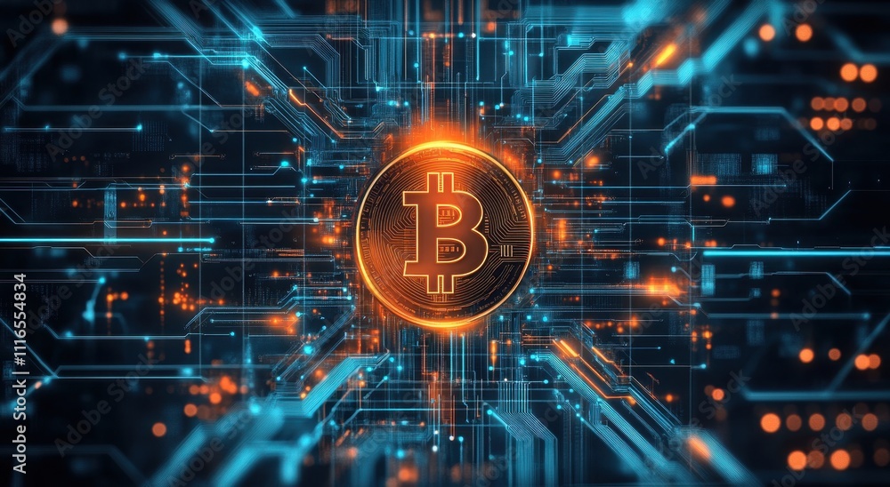 Aufkleber a digital background of a circuit board with a shimmering bitcoin logo at the center generative ai