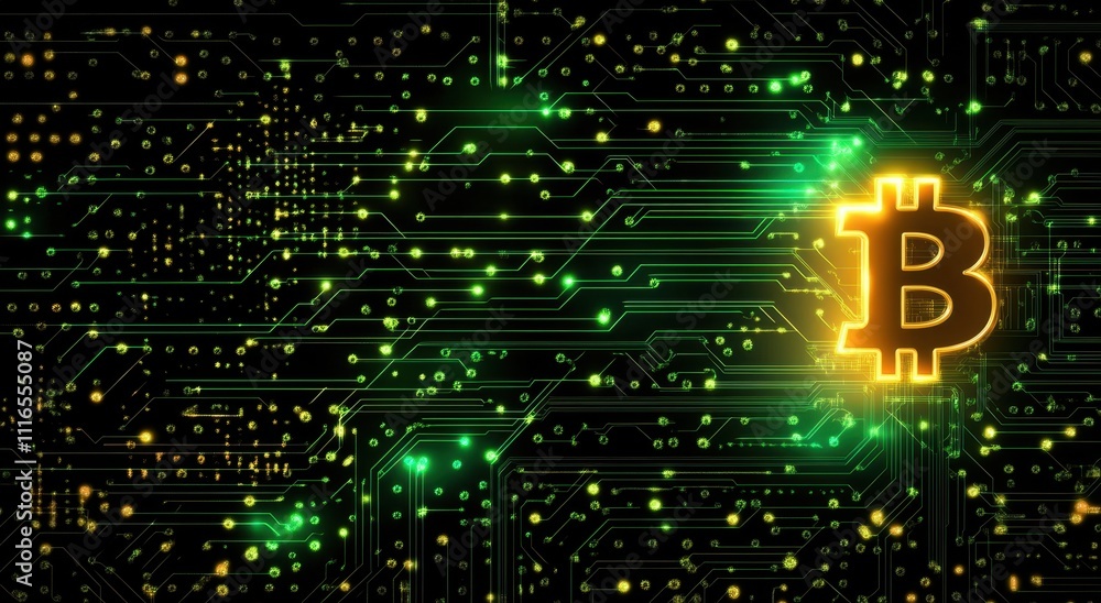 Poster a glowing golden bitcoin icon on the background of circuit board lines generative ai