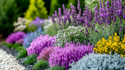 Obraz premium Vibrant flower garden with lavender, heather, and other colorful blooms.