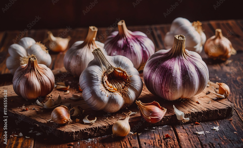 Poster bunch of garlic bulbs are on a wooden table. some of the bulbs are cut open. there are also some gar