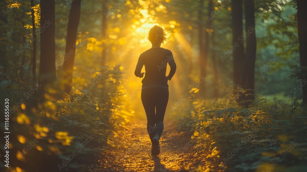 Aufkleber a woman runs along a pathway in a tranquil forest, illuminated by golden sunlight filtering through 