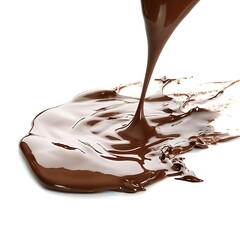 Liquid chocolate flows down isolated white background