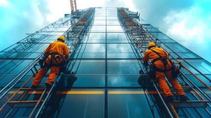 Fototapeta premium Workers in safety gear install a glass curtain on a high-rise building
