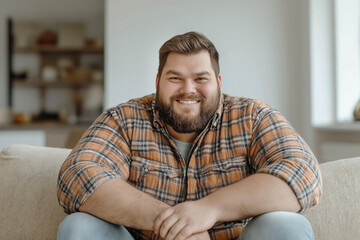 Fototapeta premium An oversized European looking man is sitting on a light sofa and smiling. Close-up. A man in a modern living room. Banner ad.