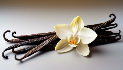 Vanilla beans and orchid flower. Close-up view of dark brown vanilla beans with a delicate white orchid.