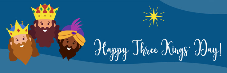 Three kings.Horizontal greeting card, banner. Three wise men bring gifts. Biblical kings Caspar, Melchior, Balthazar. Vector illustration background.