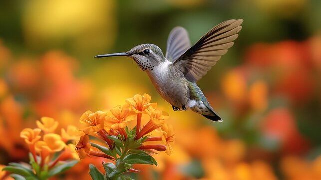 A hummingbird flitting around a vibrant garden of flowers