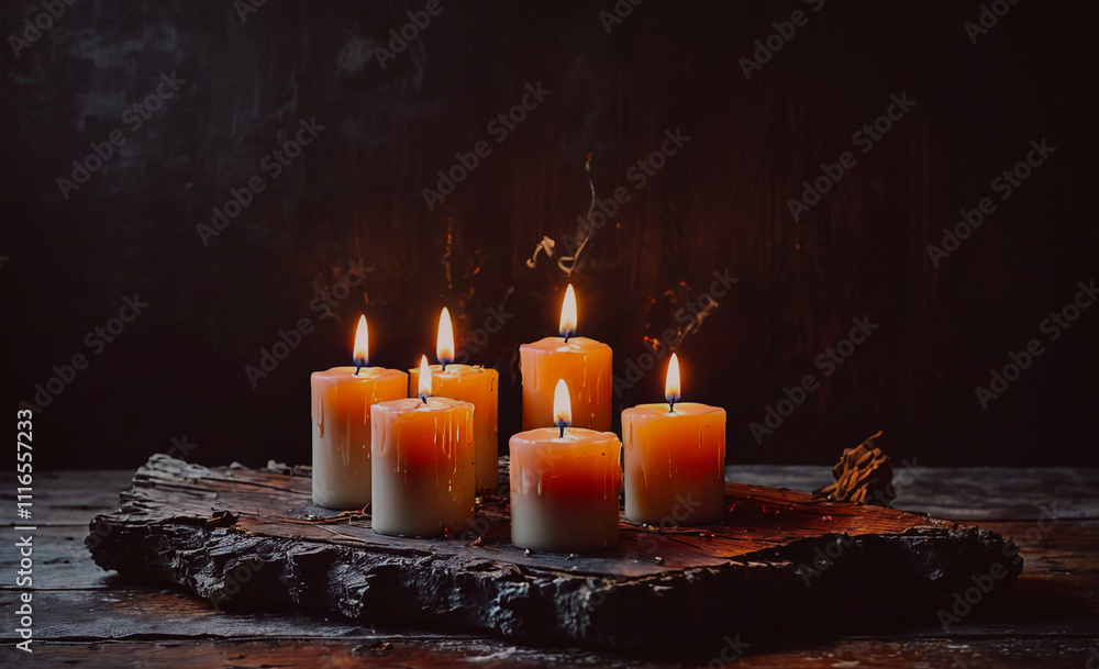 Poster wooden board with candles on it. the candles are lit and are in a row. there are six candles in tota