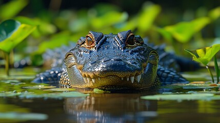 Fototapeta premium A crocodile lurking in the reeds beside a river