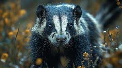 Obraz premium A skunk foraging in the moonlight in a woodland setting