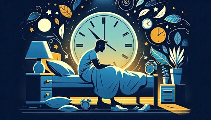 Illustration of a person experiencing insomnia with clocks and starry background