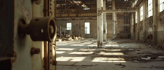 An abandoned industrial warehouse bathes in light, revealing worn machinery and dusty floors, telling stories of a forgotten era.