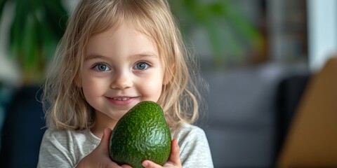 Fototapeta premium A joyful little girl holds a ripe avocado in her hands. The image captures happiness and the fun of healthy eating. Perfect for food blogs and parenting topics. AI