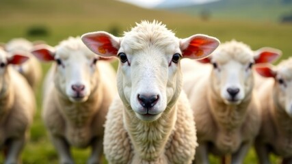 Obraz premium A flock of sheep looking at the camera