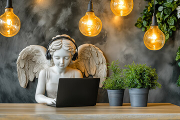 Angel statue sits at a desk with a modern laptop, surrounded by greenery and natural light.