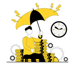 Save the money. A man holds an umbrella over the money