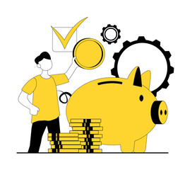 Save the money. A man throws a coin into a piggy bank