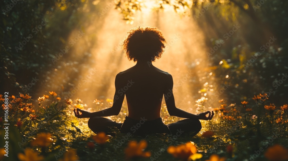 Poster a person sits in a meditative pose in a lush garden filled with colorful flowers, bathed in warm gol