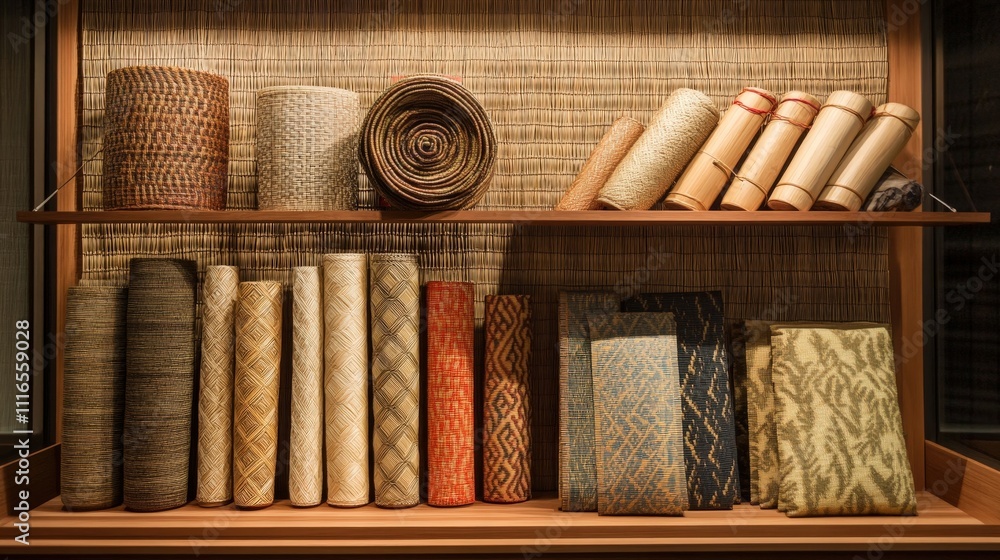 Poster illustrate the diversity of bamboo weaving by featuring items with varied patterns and colors, arran
