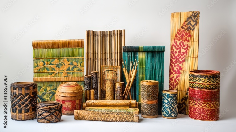 Poster illustrate the diversity of bamboo weaving by featuring items with varied patterns and colors, arran